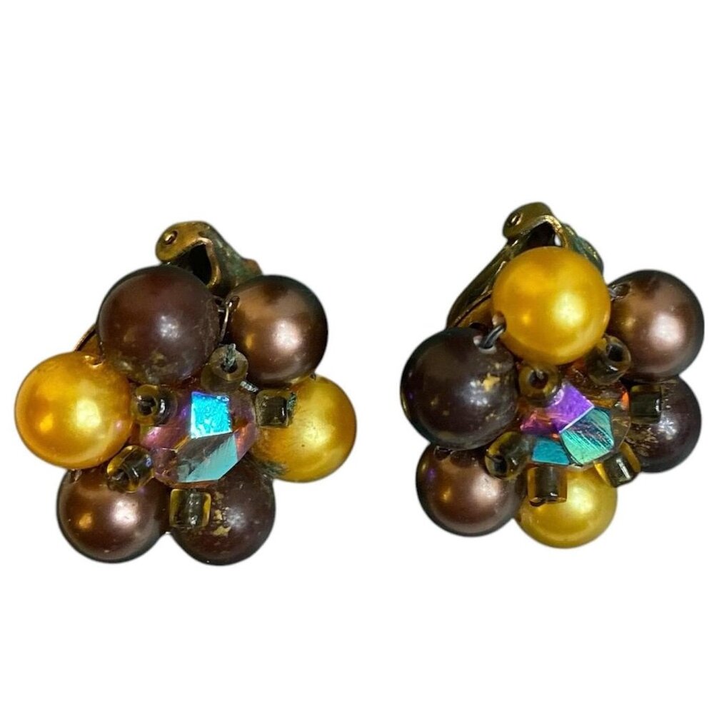 Mid-Century Cluster Earrings: Aurora Borealis Faceted Bead Surrounded by Black,